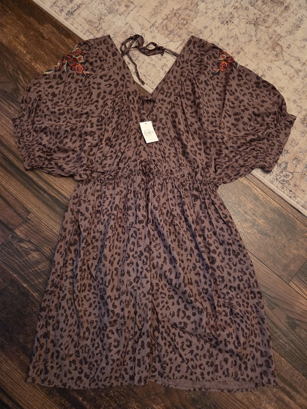 Cato Dark Green Leopard Print Short Sleeve Dress with Embroidered Shoulders